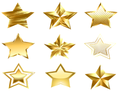 Gold Stars, Decorative Emblems, Shiny Awards, Achievement Badges, Motivational Stars PNG